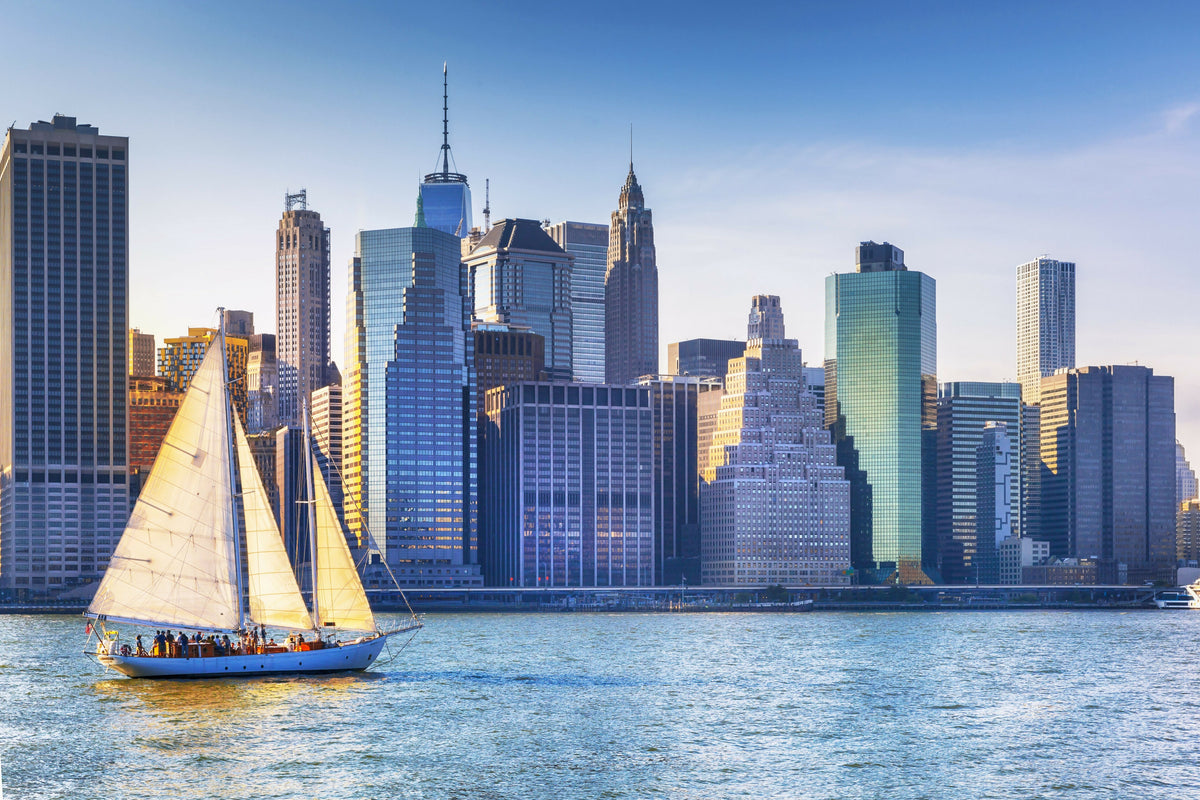 New York City, Lower Manhattan Skyline with Sailboat, Seen from Pier 2 in Brooklyn