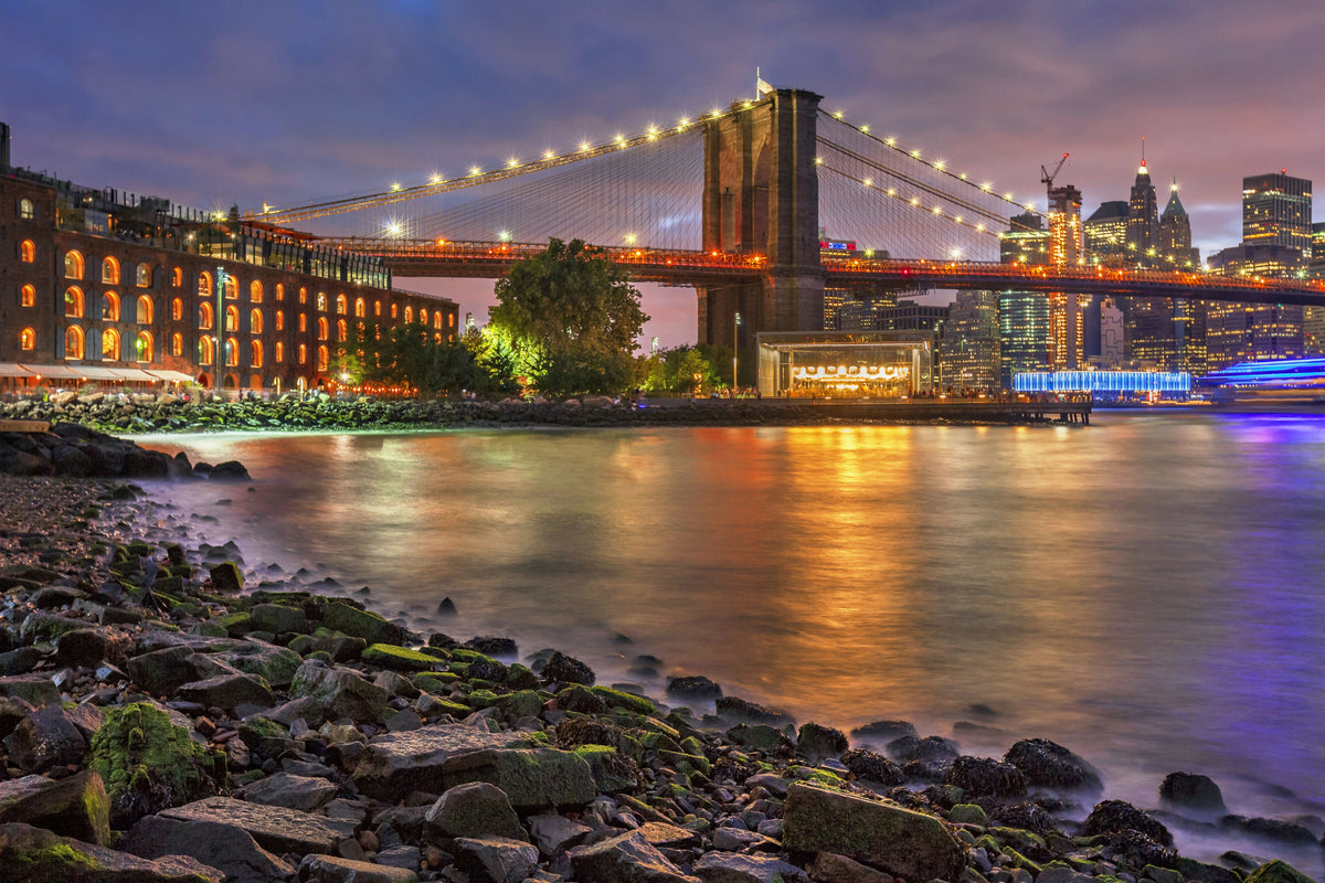 New York City, Brooklyn, Brooklyn Bridge Park, Bridge with Empire Stores, Jane's Carousel and Lower Manhattan in the Background