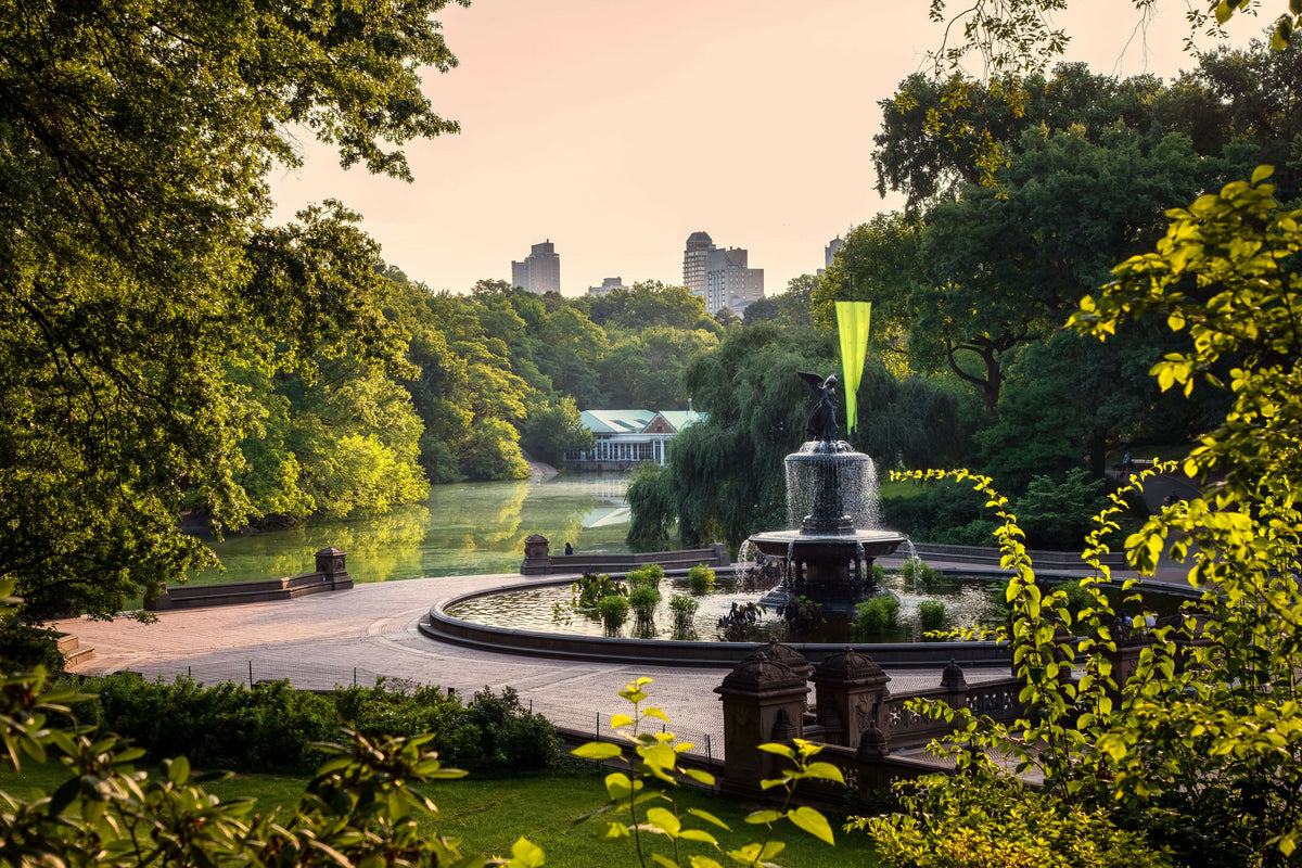 USA, New York City, Manhattan, Central Park, Bethesda Fountain and the Lake with the Loeb Boathouse in the Distance, Surrounded by Lush Summer Greenery