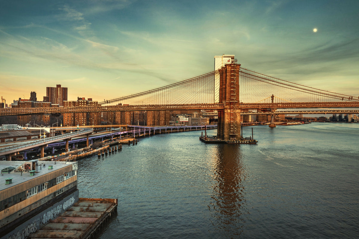 NYC, Manhattan, View of East River with Brooklyn Bridge near South Street and FDR Drive
