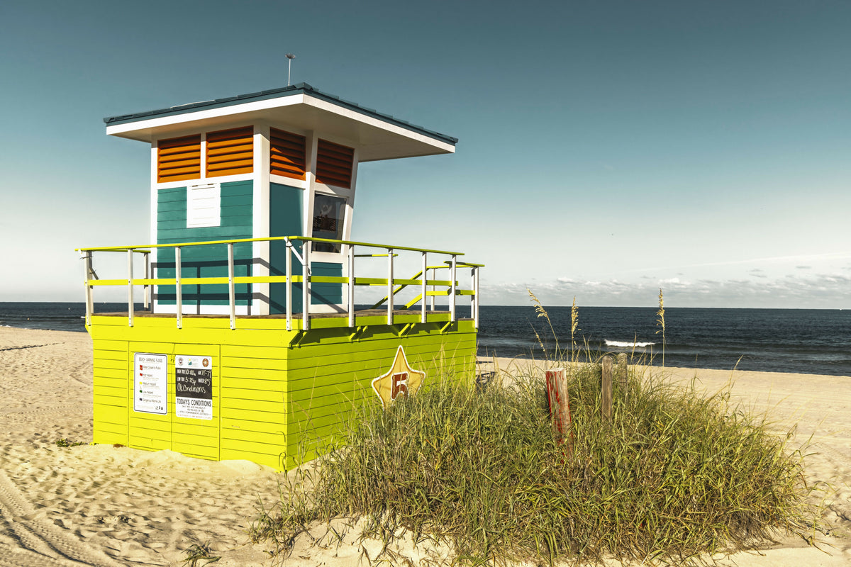 Florida, South Florida, Pompano Beach, Lifeguard House with Palm Tree – A Colorful View