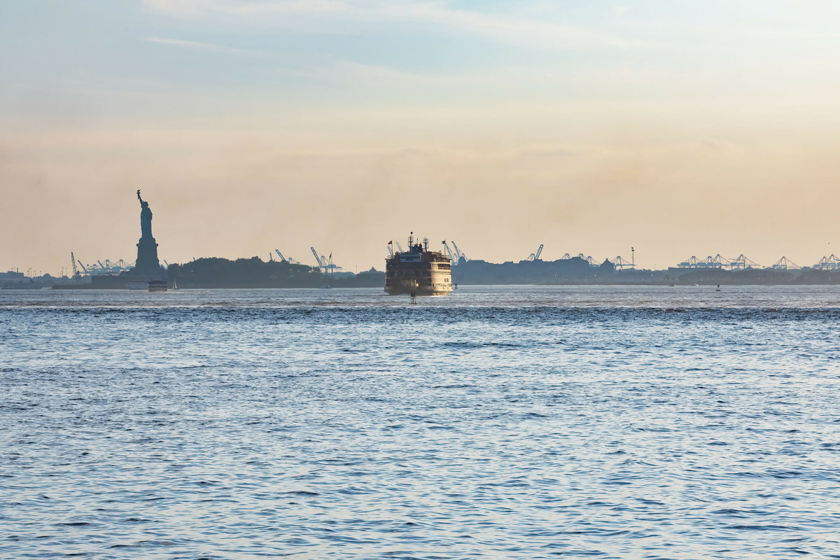 New York City, Brooklyn, View of Statue of Liberty from Brooklyn Bridge Park