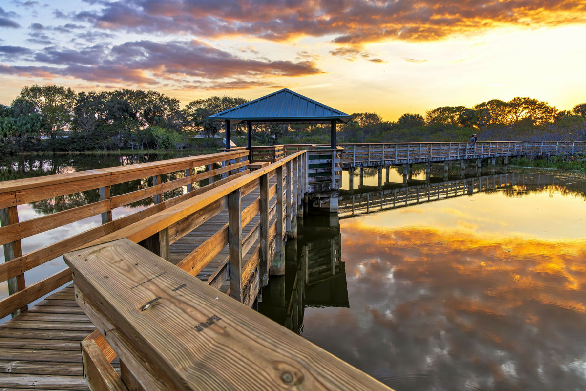 Florida, Delray Beach, Wakodahatchee Wetlands, Boardwalk During Sunset