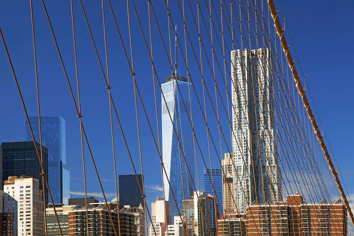 USA, New York City, Brooklyn, Brooklyn Bridge, View of World Trade Center
