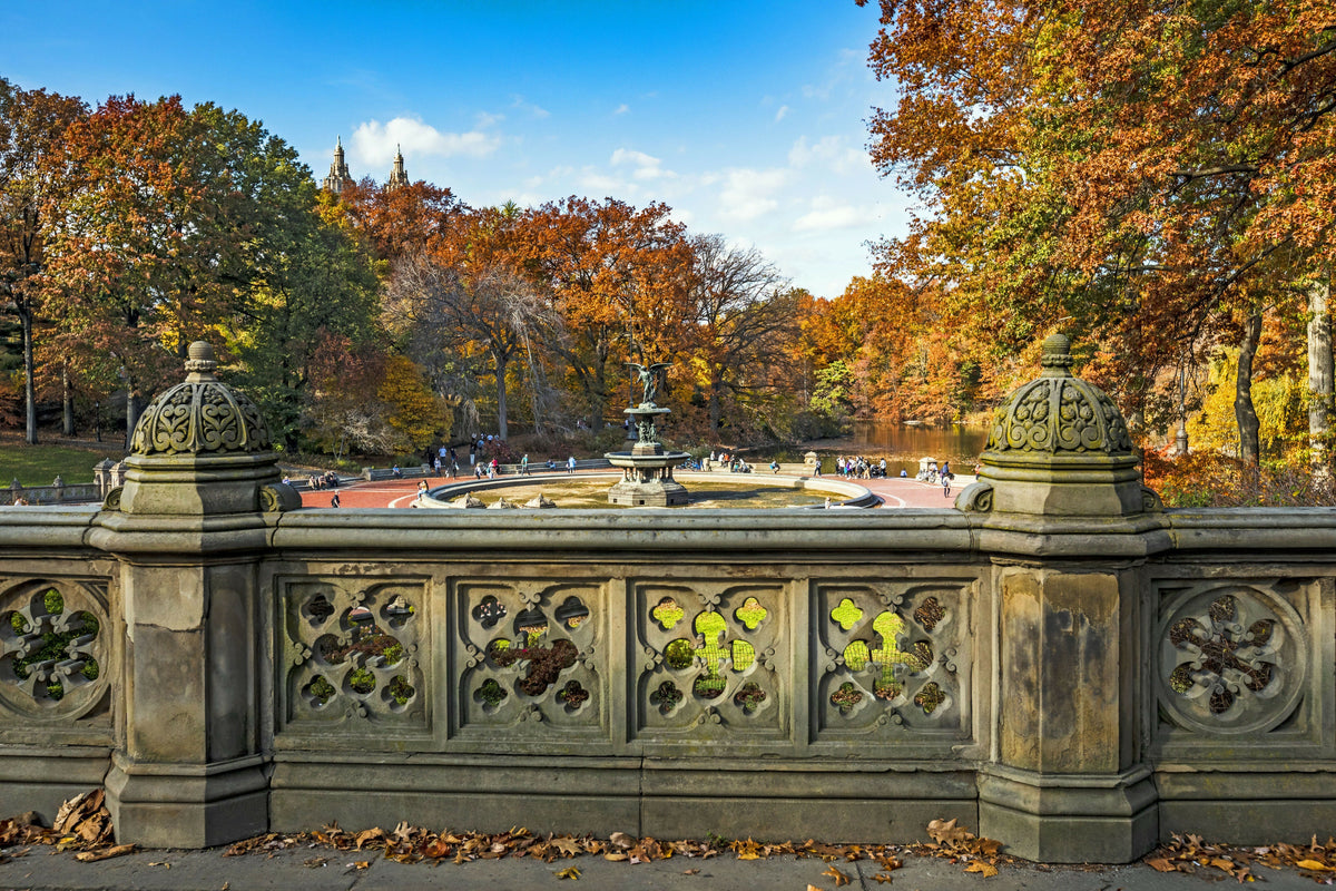 New York City, Central Park, Manhattan, Angel of the Waters Fountain and Bethesda Terrace in Autumn, Foliage