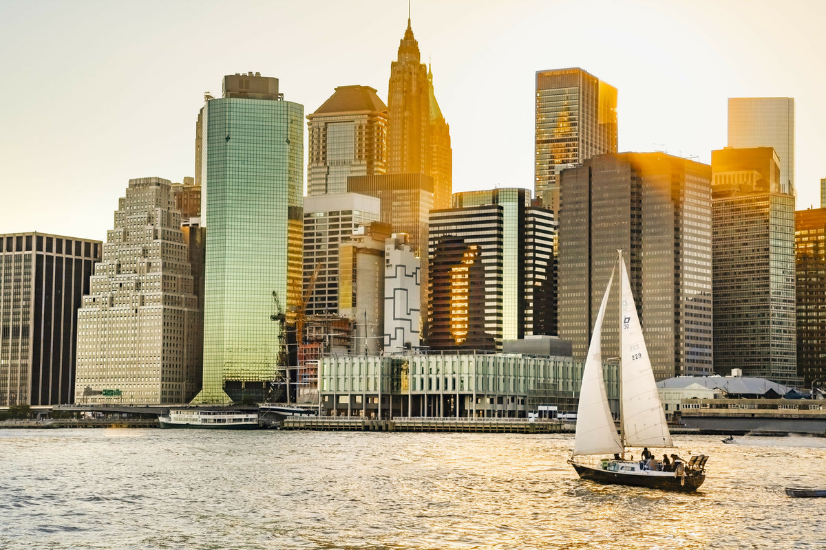 New York City, Lower Manhattan Financial District and Sailboat Viewed from Brooklyn