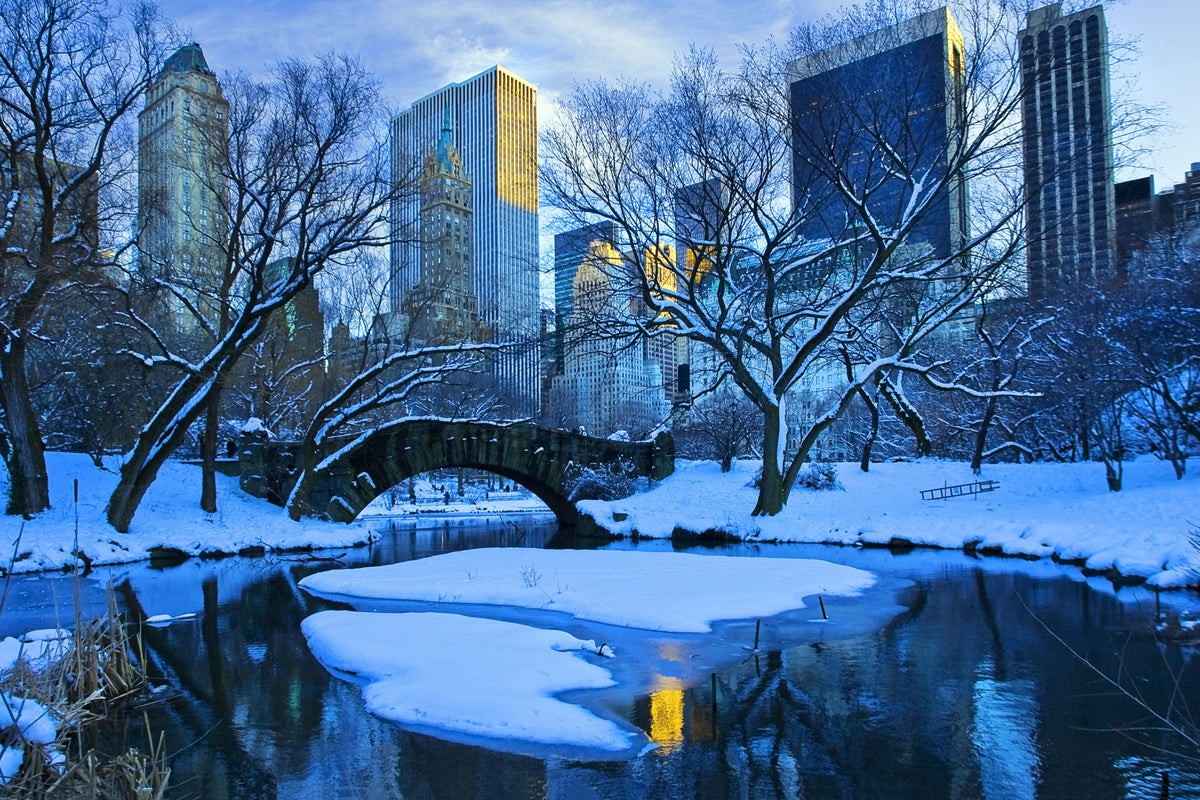 New York, New York City, Winter in Central Park, Pond and Gapstow Bridge – A Scenic View