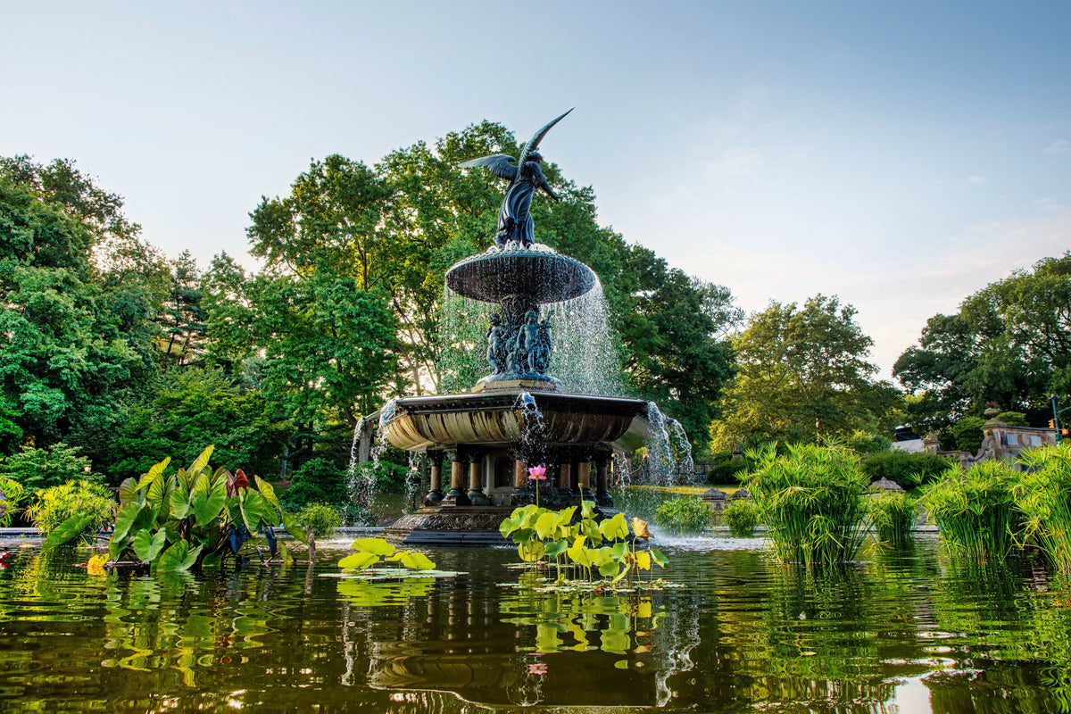 USA, New York City, Manhattan, Central Park, Bethesda Fountain, Also Known As Angel of the Waters, with Bethesda Terrace, Summer Greenery, Aquatic Plants, and Midtown Skyscrapers in the Background – A Beautiful View