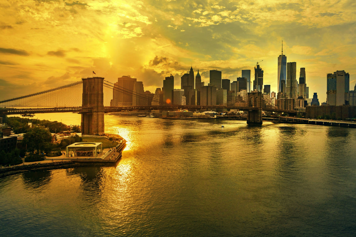 New York City, Manhattan, East River, Lower Manhattan, Brooklyn Bridge, Downtown and Financial District Skyline at Sunset, View from the Manhattan Bridge Walkway with the Freedom Tower in the Background